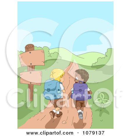 Clipart Summer Camp Boys Hiking On A Hilly Path - Royalty Free Vector Illustration by BNP Design Studio