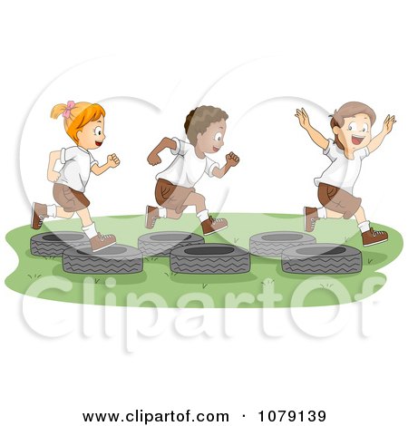 Clipart  Summer Camp Kids Playing On A Tire Obstacle Course - Royalty Free Vector Illustration by BNP Design Studio