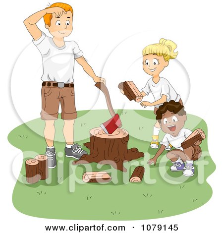 Clipart Summer Camp Counselor And Kids Chopping Fire Wood - Royalty Free Vector Illustration by BNP Design Studio
