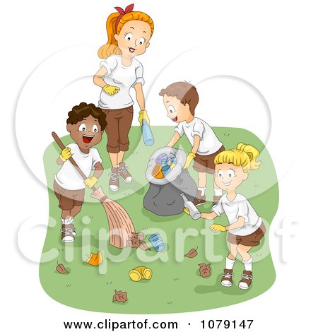Clipart Summer Camp Counselor And Kids Cleaning Up Garbage - Royalty Free Vector Illustration by BNP Design Studio