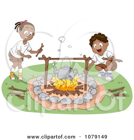 Clipart Black Boy And Girl Tending To A Camp Fire - Royalty Free Vector Illustration by BNP Design Studio
