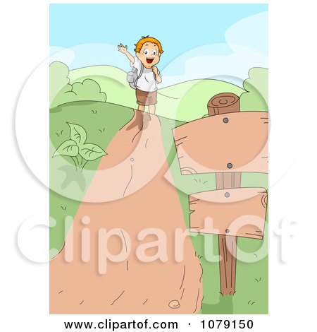 Clipart Summer Camp Boy Waving On A Hiking Trail - Royalty Free Vector Illustration by BNP Design Studio