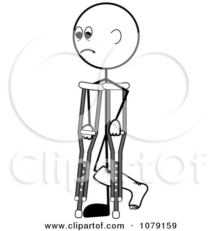 Clipart Black And White Stick Person Using Crutches - Royalty Free Vector Illustration by Pams Clipart