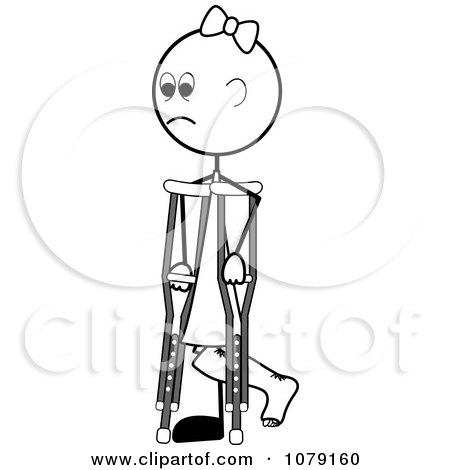 Clipart Black And White Stick Girl Using Crutches - Royalty Free Vector Illustration by Pams Clipart