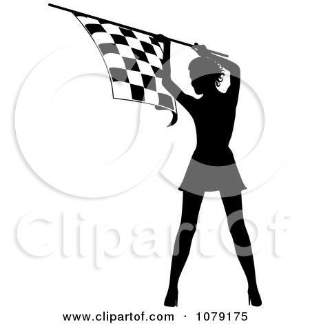 Clipart Silhouetted Speedway Woman Holding A Checkered Flag - Royalty Free Vector Illustration by Pams Clipart