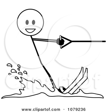 Clipart Black And White Stick Person Water Skiing - Royalty Free Vector Illustration by Pams Clipart