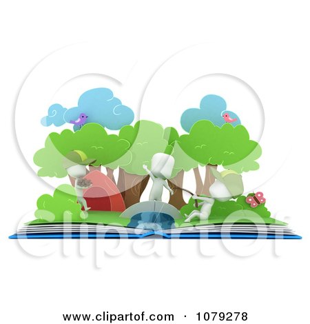 Clipart 3d Ivory Kids Fishing In A Camping Pop Up Story Book - Royalty Free CGI Illustration by BNP Design Studio