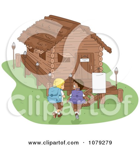 Clipart Summer Camp Boys Walking To A Cabin - Royalty Free Vector Illustration by BNP Design Studio