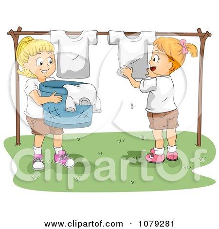 Clipart Summer Camp Boys Hanging Laundry To Dry - Royalty Free Vector Illustration by BNP Design Studio