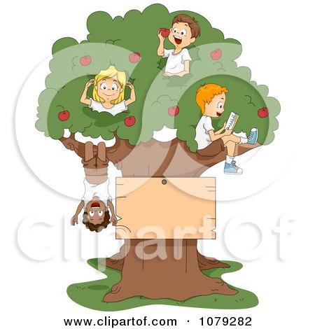Clipart Summer Camp Kids Playing In An Apple Tree With A Blank Sign - Royalty Free Vector Illustration by BNP Design Studio
