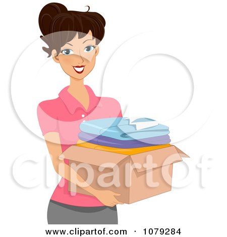 Clipart Brunette Woman Carrying A Box Of Clothes - Royalty Free Vector Illustration by BNP Design Studio