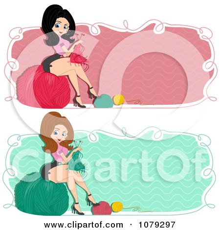 Clipart Set Of Retro Pinup Knitting Woman Website Banners - Royalty Free Vector Illustration by BNP Design Studio