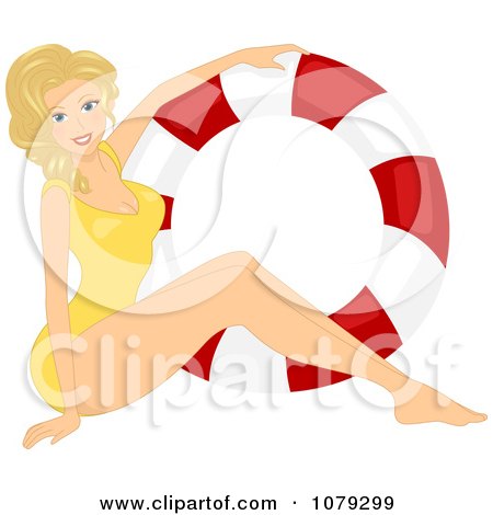 Clipart Blond Pinup Woman In A Swimsuit By A Life Buoy - Royalty Free Vector Illustration by BNP Design Studio