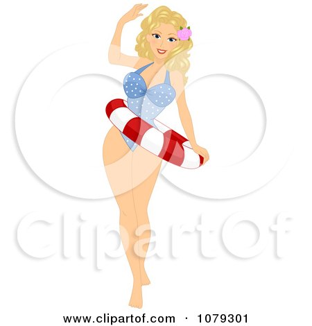 Clipart Blond Pinup Woman In A Swimsuit And Life Buoy - Royalty Free Vector Illustration by BNP Design Studio