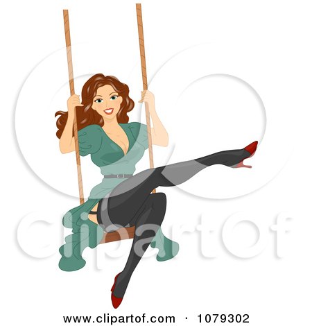 Clipart Brunette Pinup Woman Swinging In Stockings - Royalty Free Vector Illustration by BNP Design Studio
