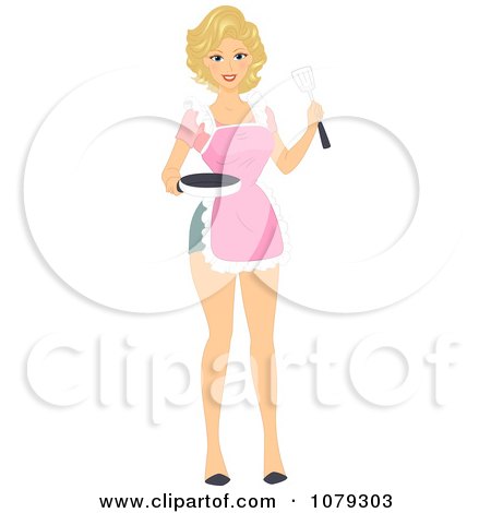 Clipart Blond Pinup Housewife Cooking Breakfast In A Pink Apron - Royalty Free Vector Illustration by BNP Design Studio