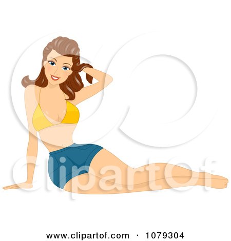 Clipart Brunette Pinup Woman In Shorts And A Bikini Top - Royalty Free Vector Illustration by BNP Design Studio