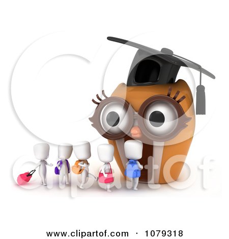 Clipart 3d Ivory School Kids Walking To An Owl School - Royalty Free CGI Illustration by BNP Design Studio