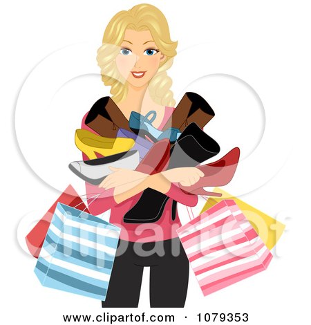 Clipart Blond Woman Holding Shopping Bags And Shoes - Royalty Free Vector Illustration by BNP Design Studio