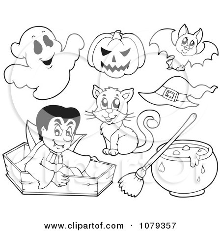 Clipart Outlined Vampire With Halloween Items - Royalty Free Vector Illustration by visekart