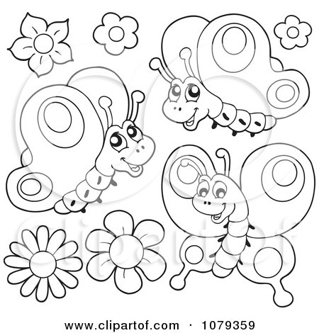 Clipart Outlined Butterflies And Flowers - Royalty Free Vector Illustration by visekart