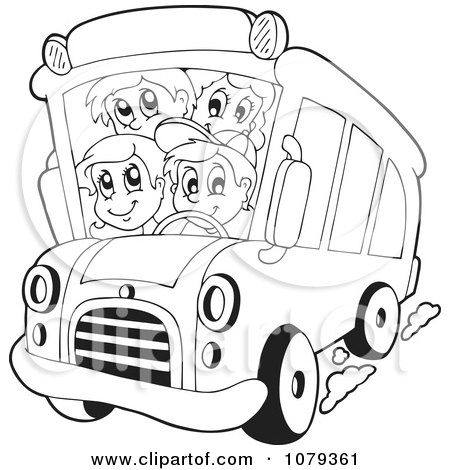Clipart Outlined School Kids On A Bus - Royalty Free Vector Illustration by visekart