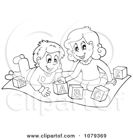 Clipart Outlined Kids Playing With Letter Blocks - Royalty Free Vector Illustration by visekart
