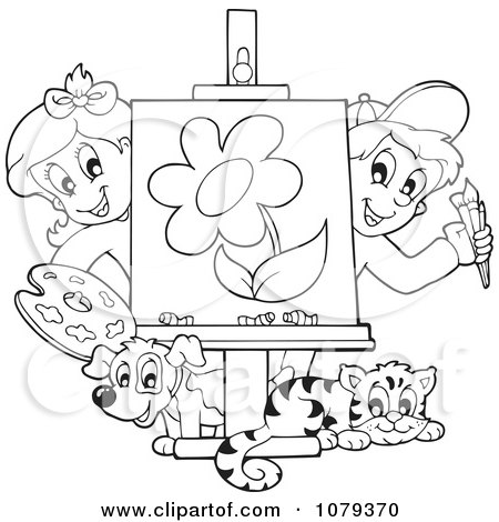 Clipart Outlined Art Class Kids Presenting A Painting - Royalty Free Vector Illustration by visekart