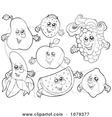 Clipart Outlined Fruit Characters - Royalty Free Vector Illustration by visekart