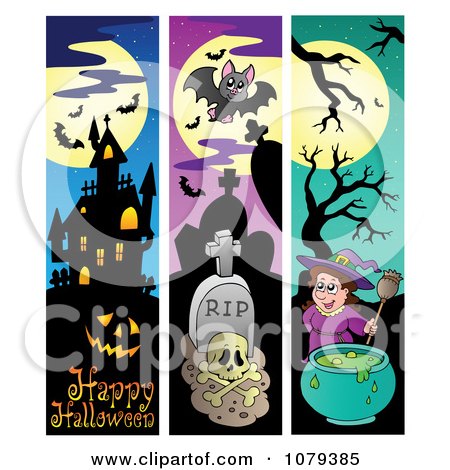 Clipart Haunted House Graveyard And Witch Vertical Halloween Website Banners - Royalty Free Vector Illustration by visekart