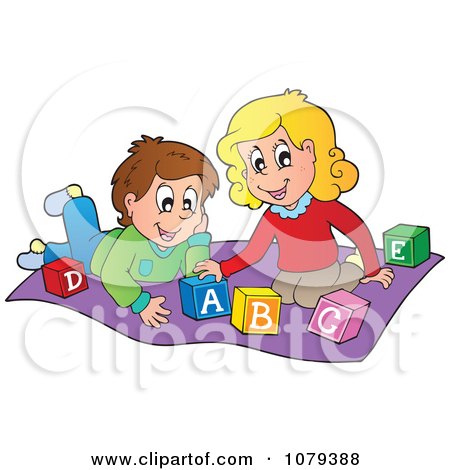 Clipart Boy And Girl Playing With Alphabet Blocks - Royalty Free Vector Illustration by visekart