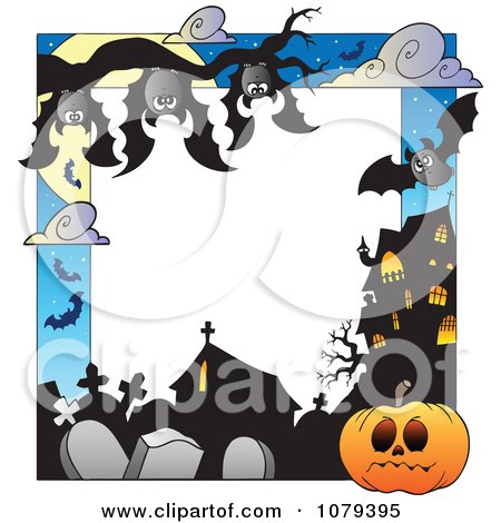 Clipart Vampire Bats Cemetery Jackolantern And Haunted House Halloween Border - Royalty Free Vector Illustration by visekart