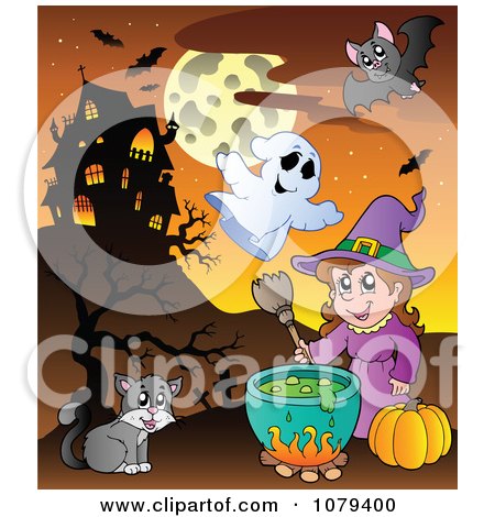 Clipart Halloween Witch Cauldron Ghost Cat And Vampire Near A Haunted House - Royalty Free Vector Illustration by visekart