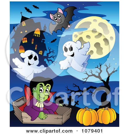 Clipart Halloween Vampire With Pumpkins Ghosts And Bats By A Haunted House - Royalty Free Vector Illustration by visekart