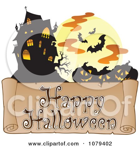 Clipart Jackolantern Bat And Haunted House Happy Halloween Greeting - Royalty Free Vector Illustration by visekart