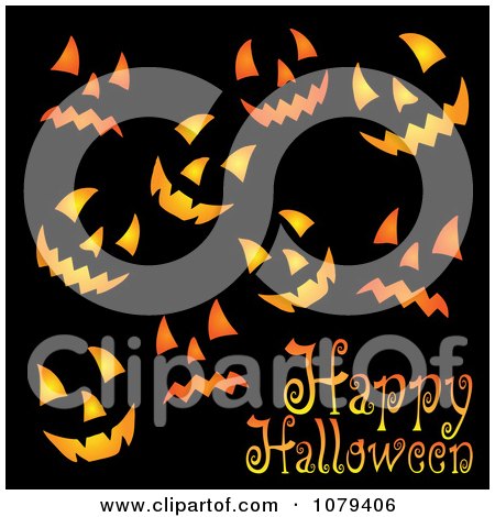 Clipart Happy Halloween Greeting With Jackolantern Faces On Black - Royalty Free Vector Illustration by visekart