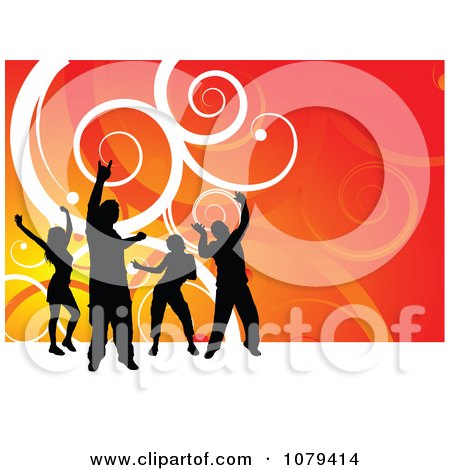 Clipart Silhouetted Dancers Over Orange With White Swirls - Royalty Free Vector Illustration by KJ Pargeter