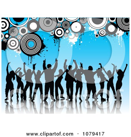 Clipart Silhouetted Dancers Over Blue With Grungy Circles - Royalty Free Vector Illustration by KJ Pargeter