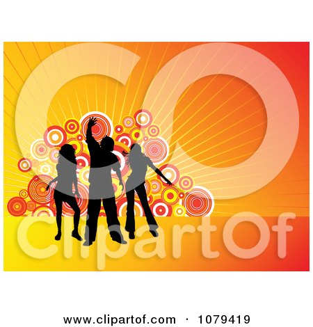 Clipart Silhouetted Dancers Over Orange Rays And Circles - Royalty Free Vector Illustration by KJ Pargeter