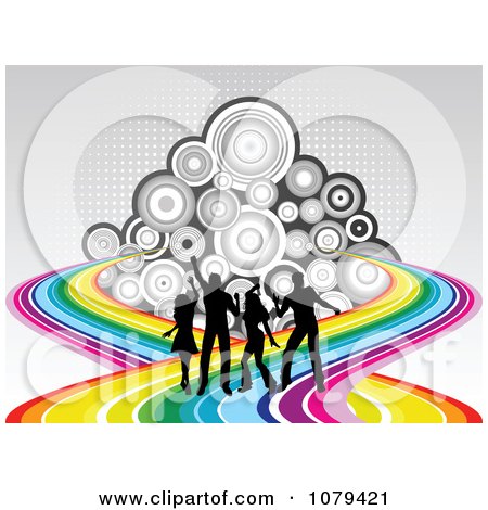 Clipart Silhouetted Dancers On A Rainbow Over Circles And Halftone - Royalty Free Vector Illustration by KJ Pargeter