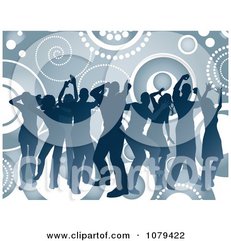 Clipart Blue Silhouetted Dancers Over Circles And Spirals - Royalty Free Vector Illustration by KJ Pargeter