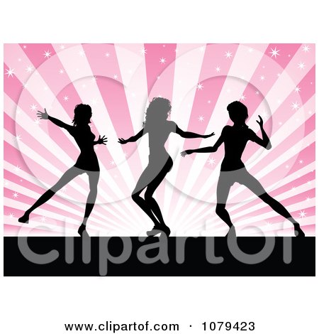 Clipart Silhouetted Female Dancers Over Pink Rays - Royalty Free Vector Illustration by KJ Pargeter