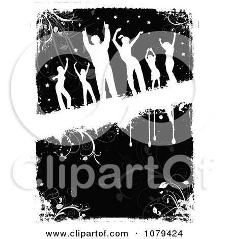 Clipart Silhouetted Dancers Over Black And White Floral Grunge - Royalty Free Vector Illustration by KJ Pargeter