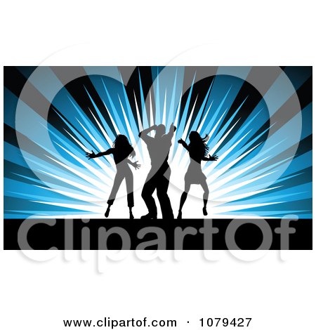 Clipart Silhouetted Dancers Over Blue Rays - Royalty Free Vector Illustration by KJ Pargeter