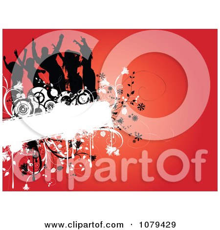Clipart Silhouetted Dancers On A Floral Grunge Text Box Over Red - Royalty Free Vector Illustration by KJ Pargeter
