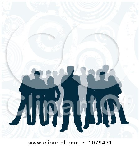 Clipart Silhouetted Group Of People On A Blue Grungy Circle Background - Royalty Free Vector Illustration by KJ Pargeter