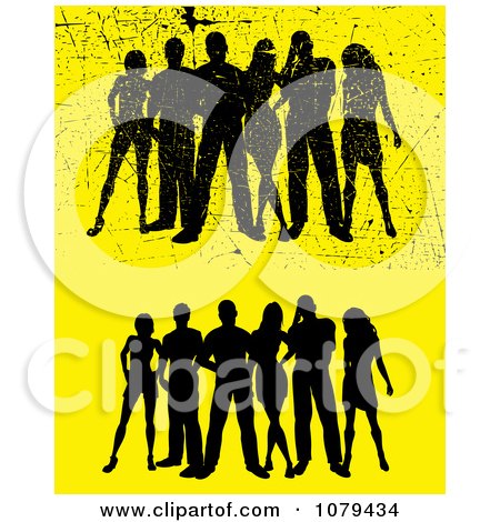 Clipart Silhouetted Group Of People On Yellow With Scratches And Without - Royalty Free Vector Illustration by KJ Pargeter