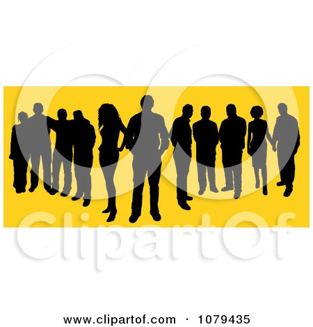 Clipart Black Silhouetted Group Of People Over Yellow - Royalty Free Vector Illustration by KJ Pargeter
