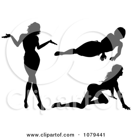 Clipart Silhouetted Sexy Women Crawling Resting And Shrugging - Royalty Free Vector Illustration by KJ Pargeter