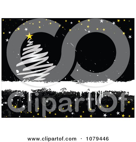 Clipart Grungy Horizontal Black Christmas Background With A Silver Tree And Stars - Royalty Free Vector Illustration by KJ Pargeter